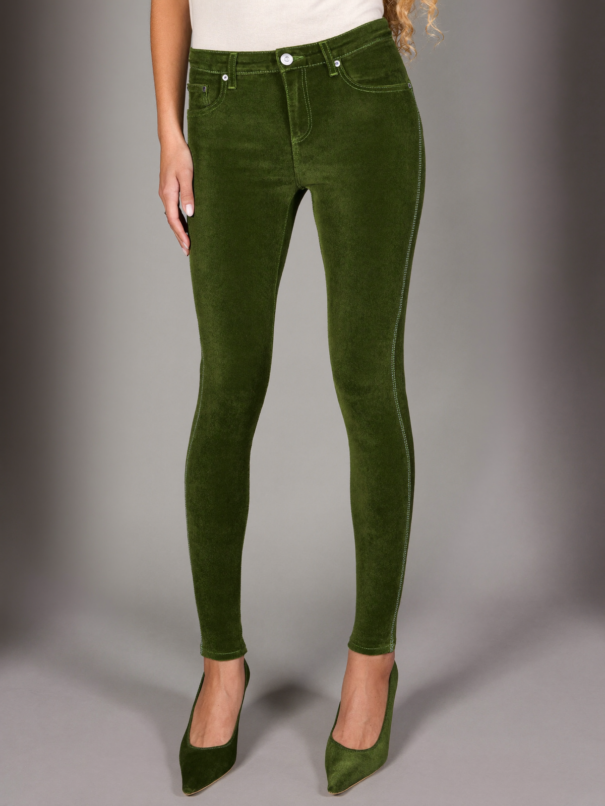 Blonde curly-haired model wearing Olive Green Slim-Fit Jeans