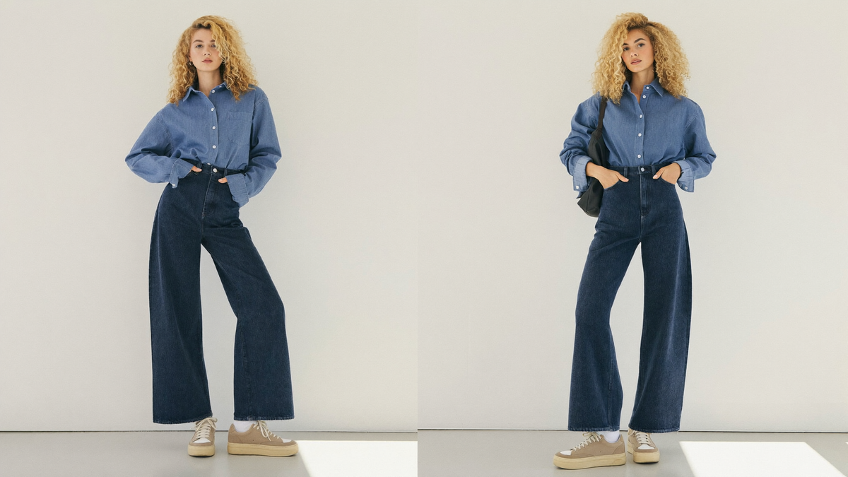 Full outfit look: wide-leg jeans, oversized shirt, platform sneakers