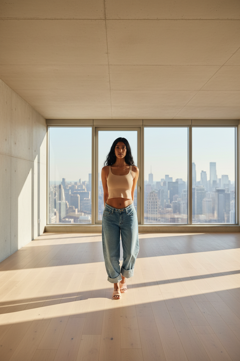 Full outfit look on Indian model: pastel high-waisted jeans, cropped tank, ballet flats