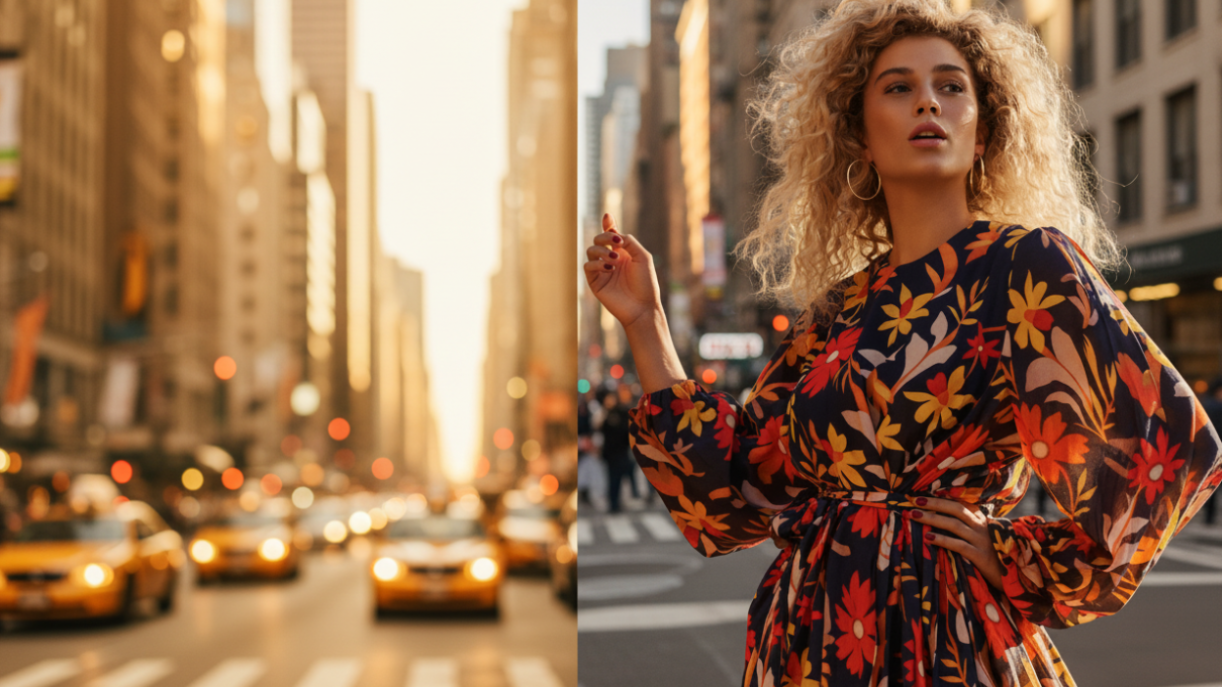 Homepage banner: model wearing Vibrant Autumn Dress, golden hour outdoor campaign shot