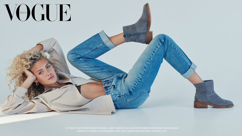 Light cool fall look: steel blue jeans, beige blouse, slate gray boots