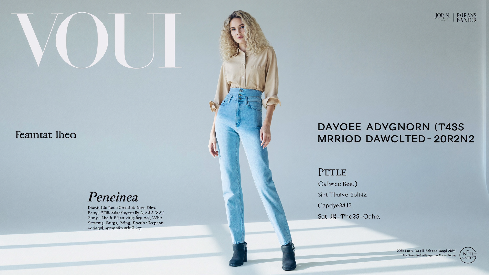 Light cool fall look: pastel blue jeans, beige blouse, slate gray boots