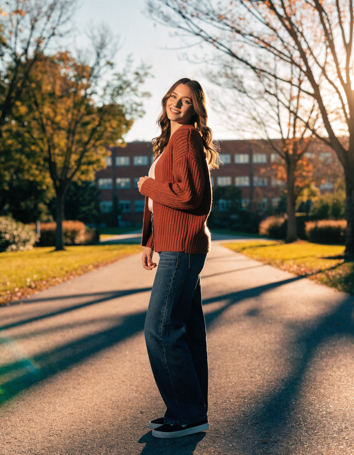 Ribbed Knit Cardigan - Rust, model shot