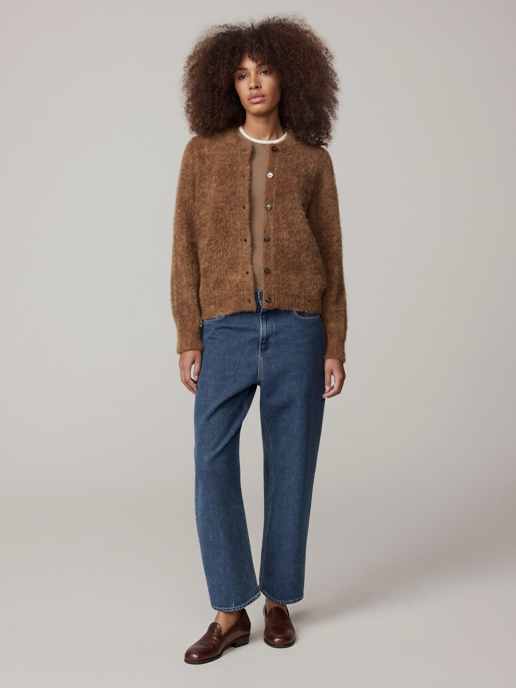 Biracial model wearing Chestnut Brown Cardigan