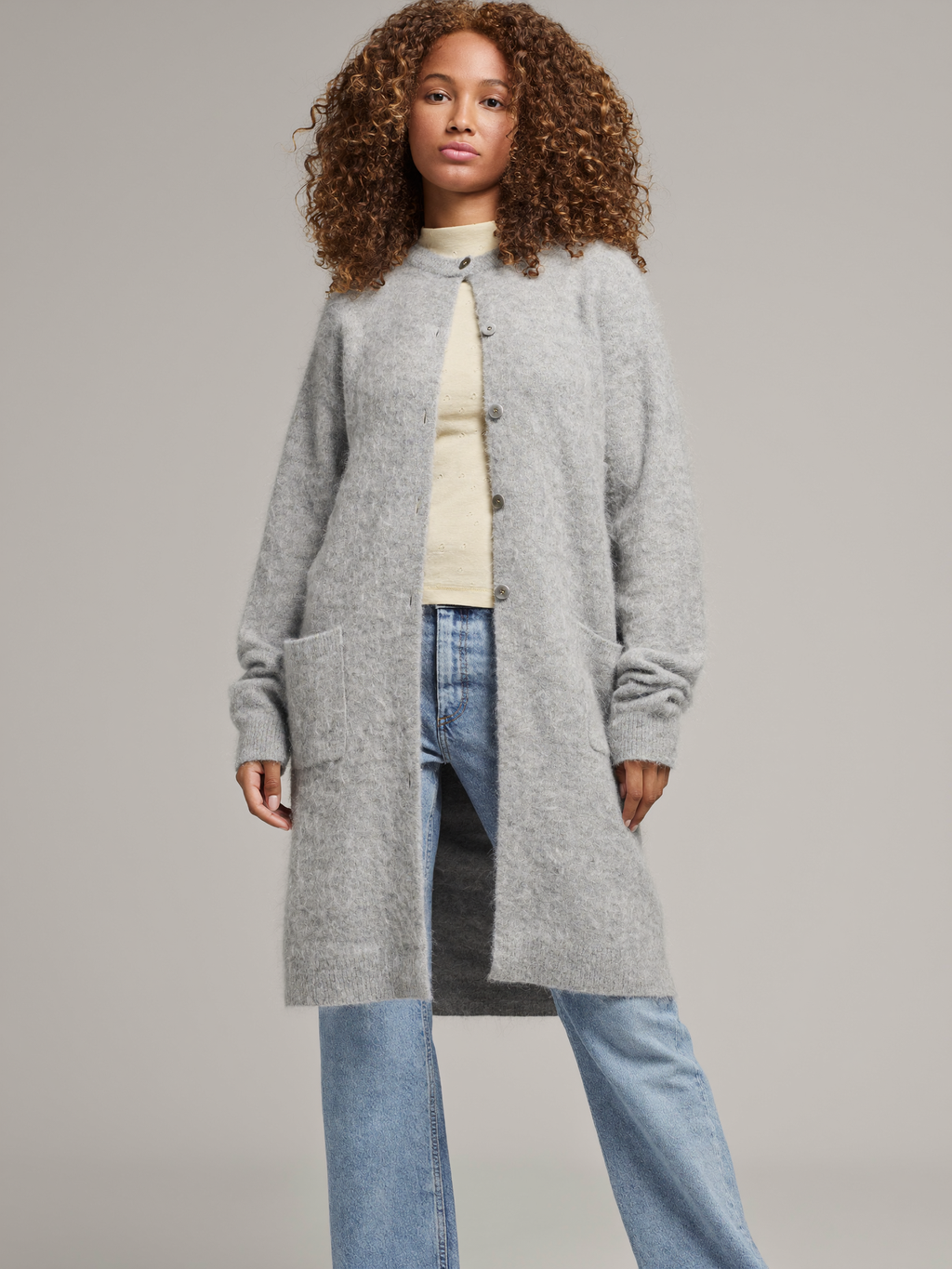 Biracial model wearing Light Gray Cozy Cardigan