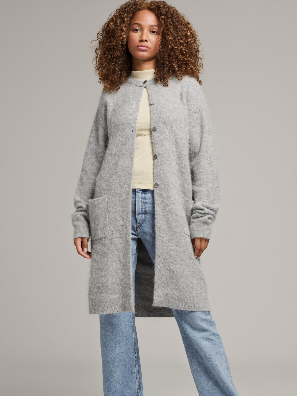 Biracial model wearing Light Gray Cozy Cardigan