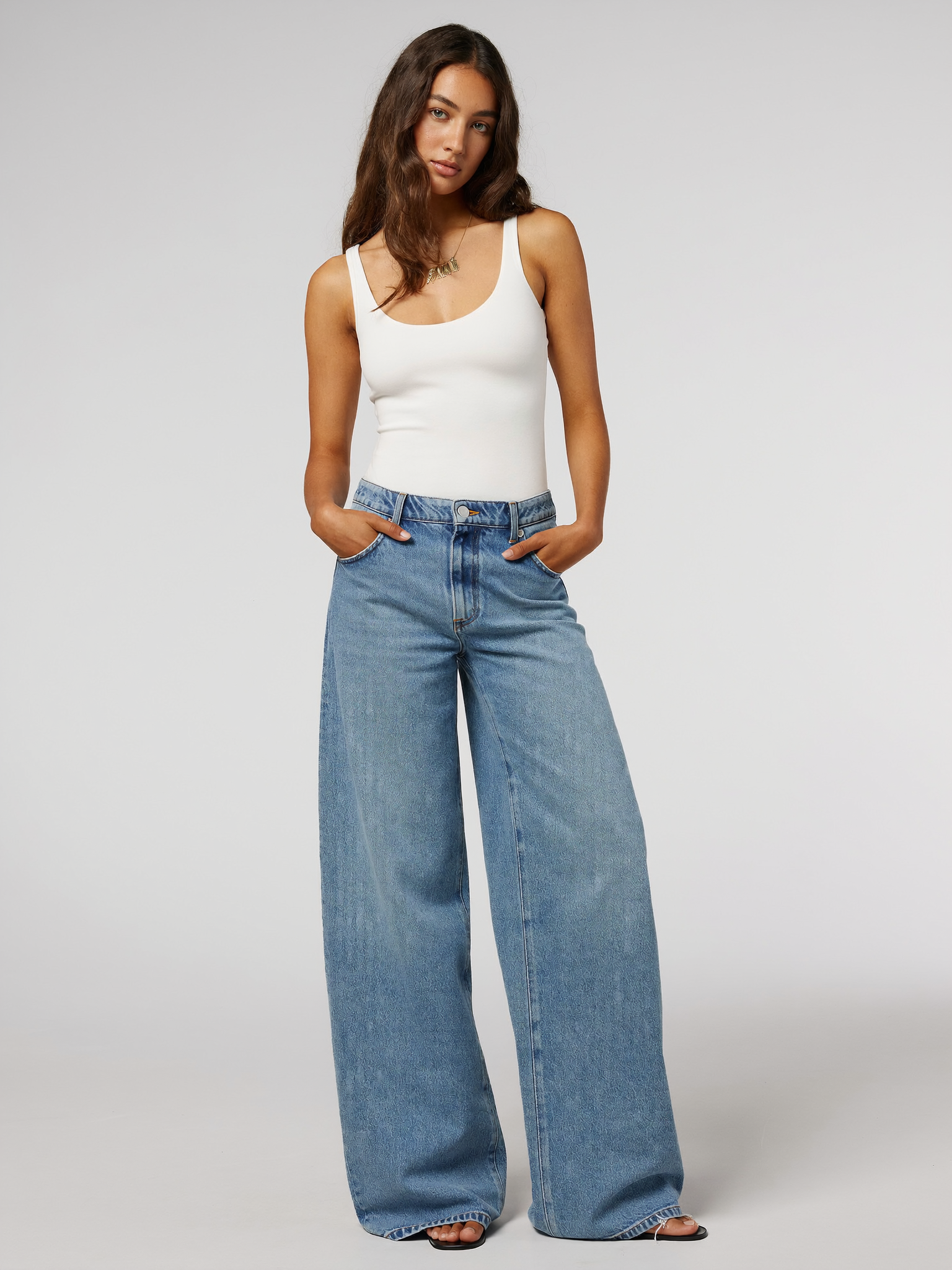 Model wearing Light Wash Wide-Leg Jeans