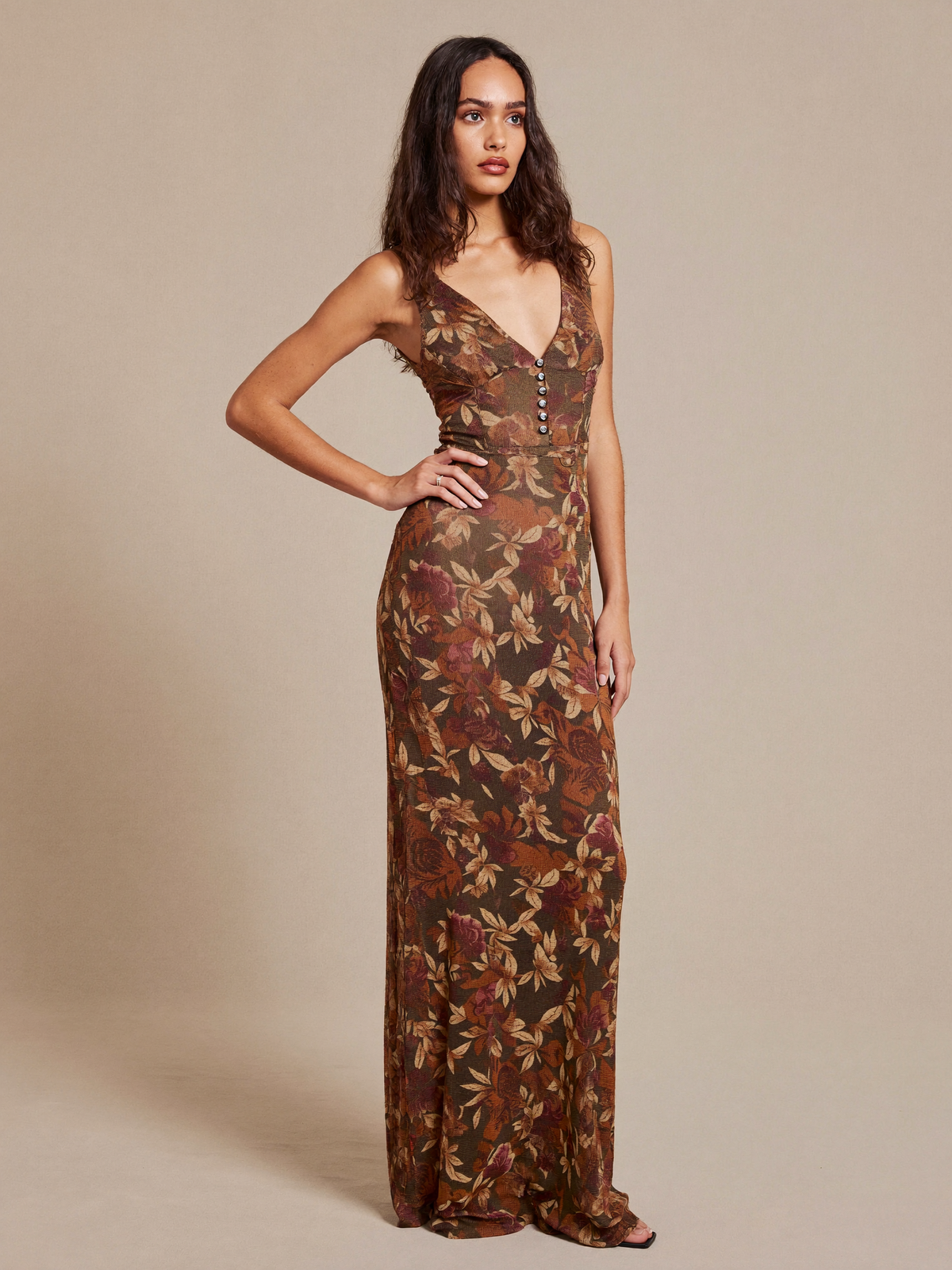 Model wearing Knit Maxi Dress in Autumn Garden Print