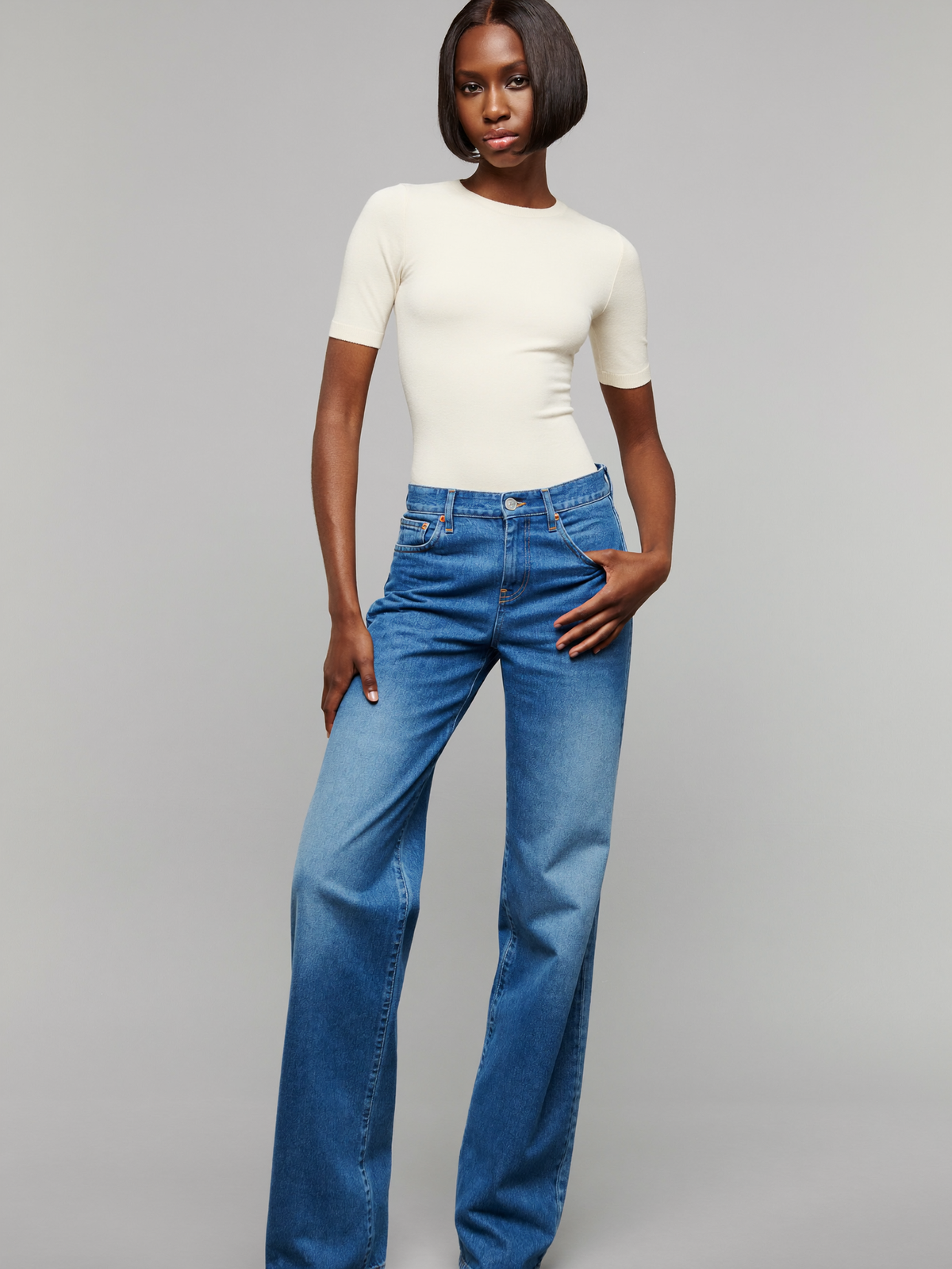 Model wearing Classic Blue Wide-Leg Jeans