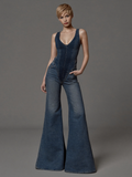 Model wearing Denim Sculpting Tank Jumpsuit