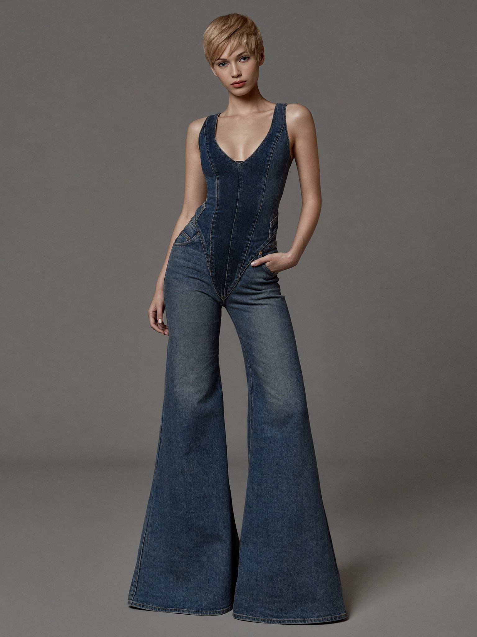 Model wearing Denim Sculpting Tank Jumpsuit
