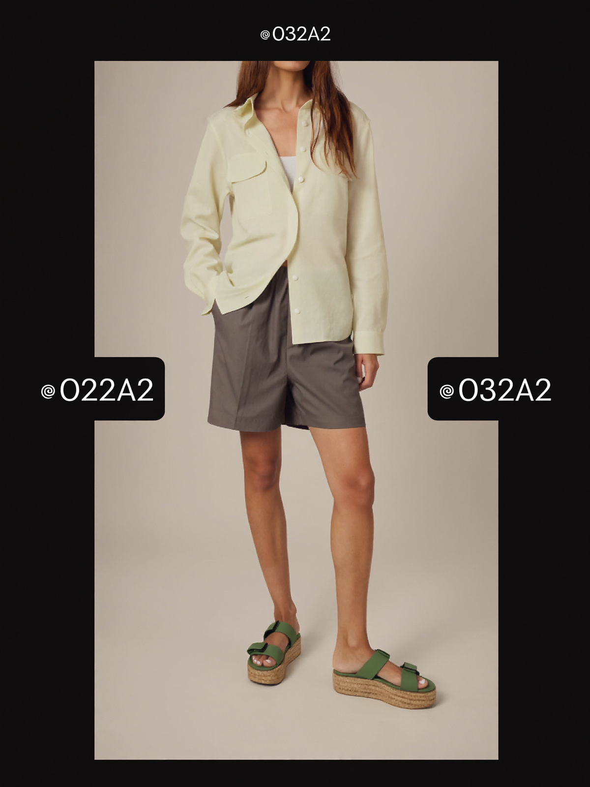 Full body model wearing green braided strap slide sandals